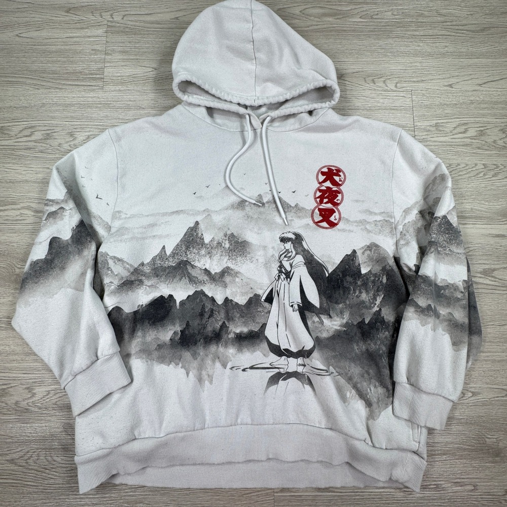 Inuyasha Men's Hoodie Kikyo Mountain Graphic Grey XXL Anime Pullover Sweatshirt